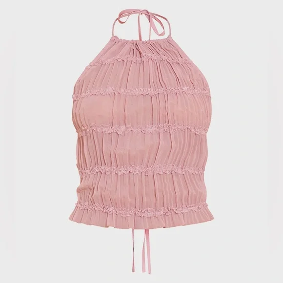 Pretty Little Thing Mauve Chiffon Ruched Frill Detail Halterneck Top - Picture 4 of 8